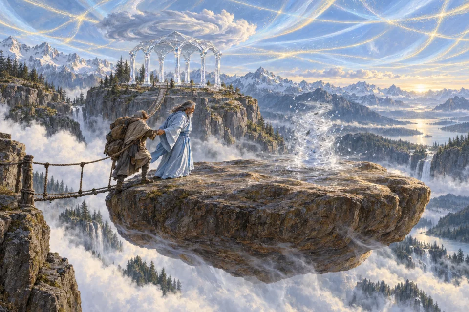 A priest in pale blue silk approaches a crystal whirlwind altar on a floating rock beneath the valley’s woven magical sky.