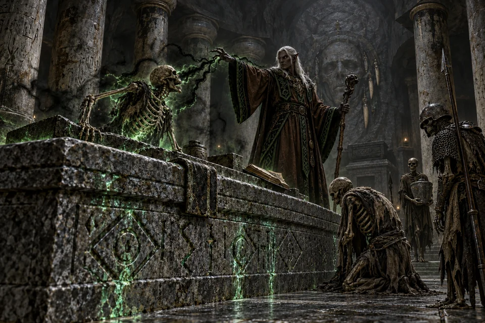 A dark elf Earth priest raises a skeleton with black necromantic energy while undead servants kneel and an armoured skeletal guard watches.