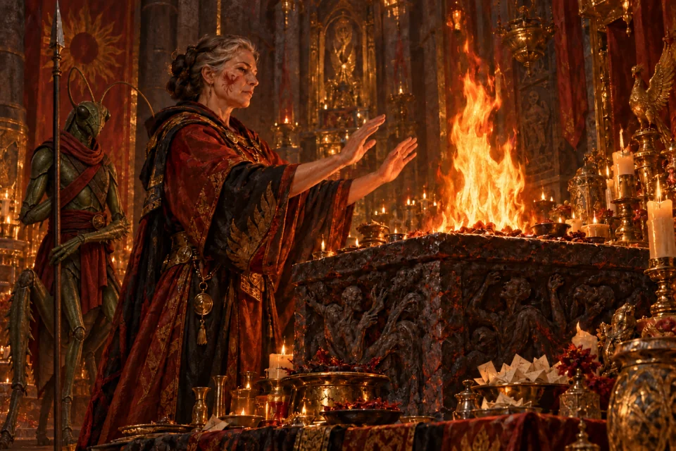 A phoenix-marked human Fire priestess offers flame at Zrammas’s altar while a green, six-limbed thri-kreen initiate stands beside her.