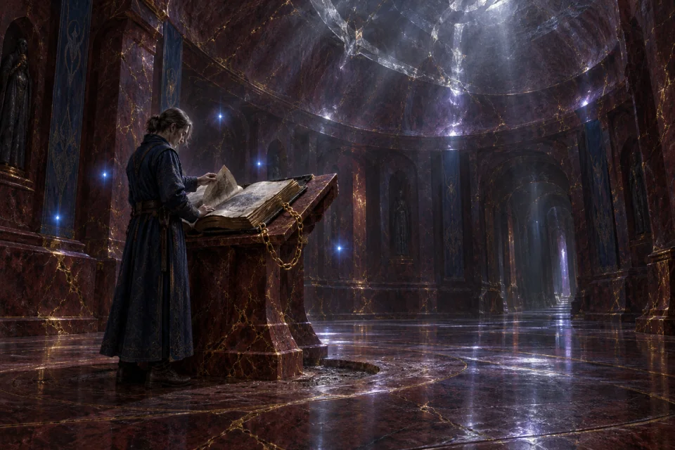 A solitary mage reads a chained book in a red-granite hall as uncertain silver light falls across polished stone.