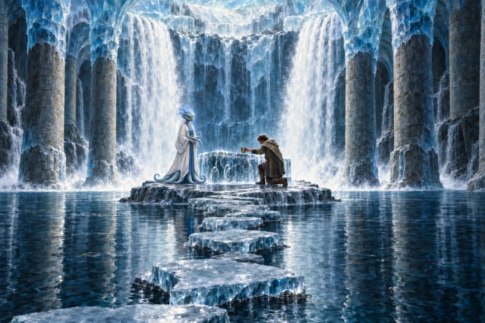 A tentacled ciloss priest in white and azure attends a clear ice altar beneath the divided waterfall while a traveller makes an offering.