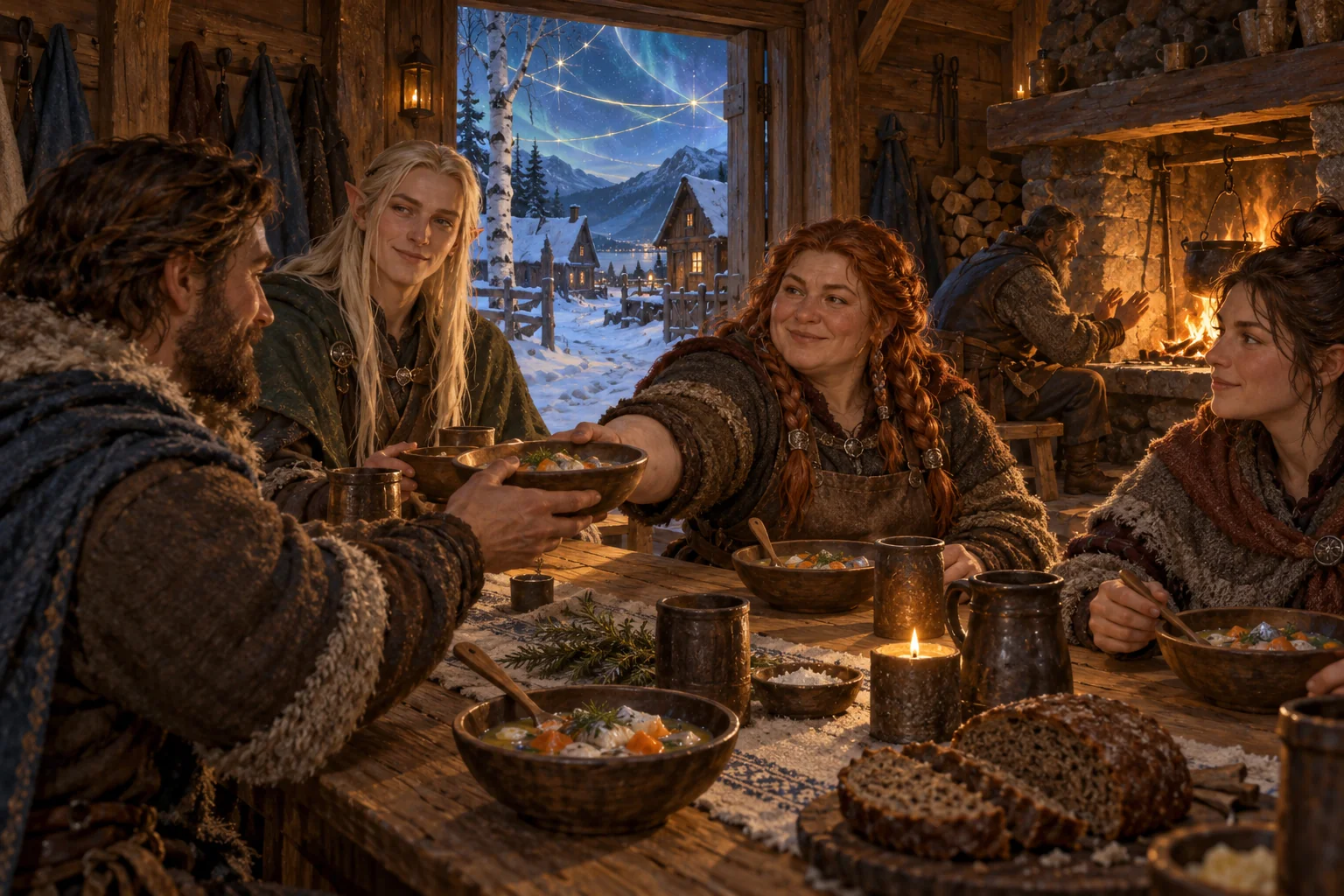Travellers and craftspeople share bread and stew beside a village hearth; the woven barrier is visible through the doorway.
