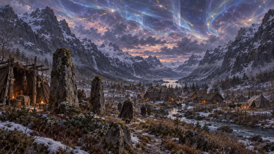 Spirit-stones overlook a northern settlement sheltered between fjells beneath the woven forcefield.