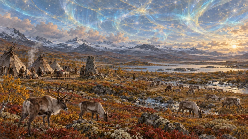Gaesati herders tend reindeer beside shared tents on the open tundra beneath the blue-and-gold barrier.
