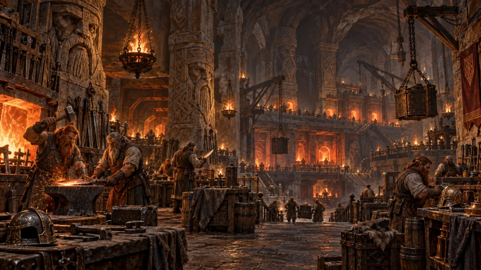 Dwarven smiths work in great underground forge halls among pillars carved with their ancestors.