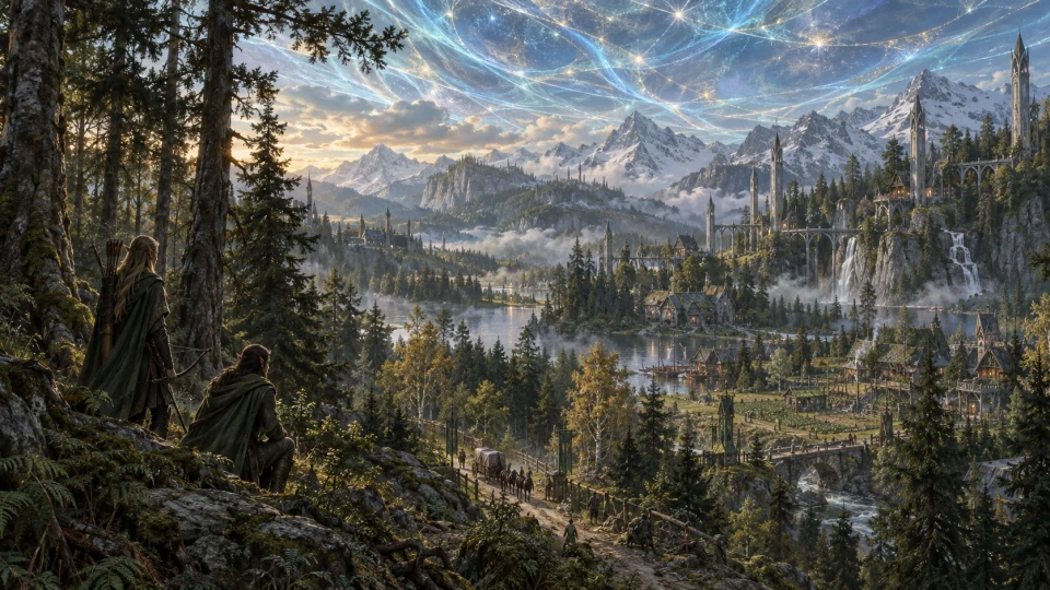Elven scouts watch over woodland towers, farms and lakes beneath the woven sky.