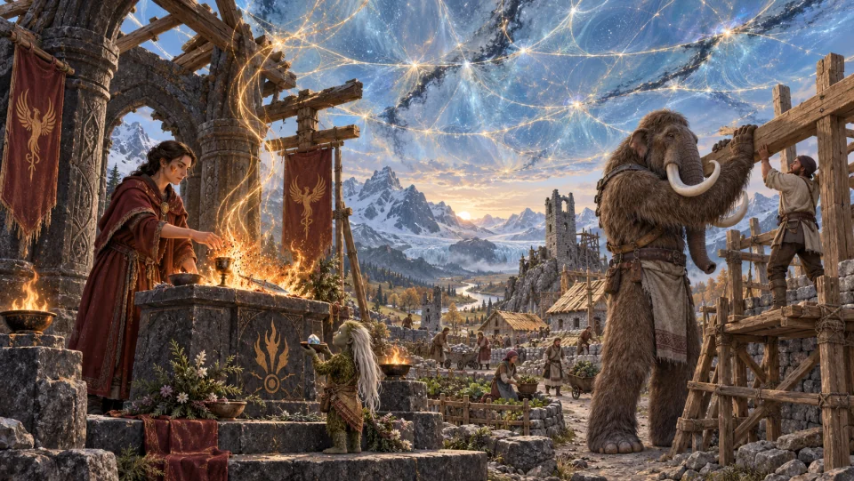 Players of different races rebuild a province shrine and offer sacrifices beneath the repaired forcefield.