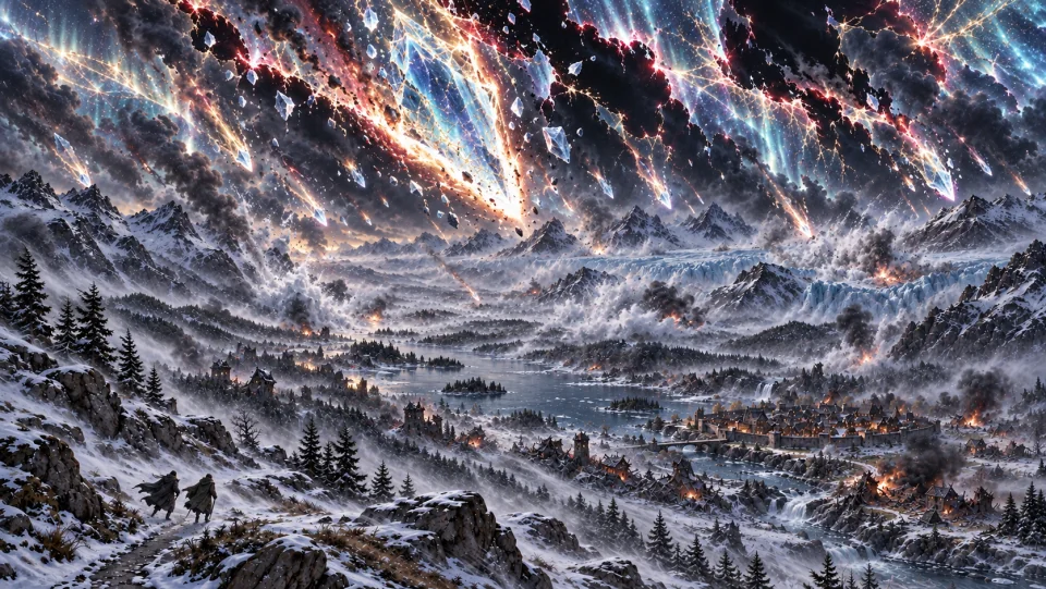The Unraveling tears the woven sky apart, sending blazing fragments and glacial ice down towards the valley.