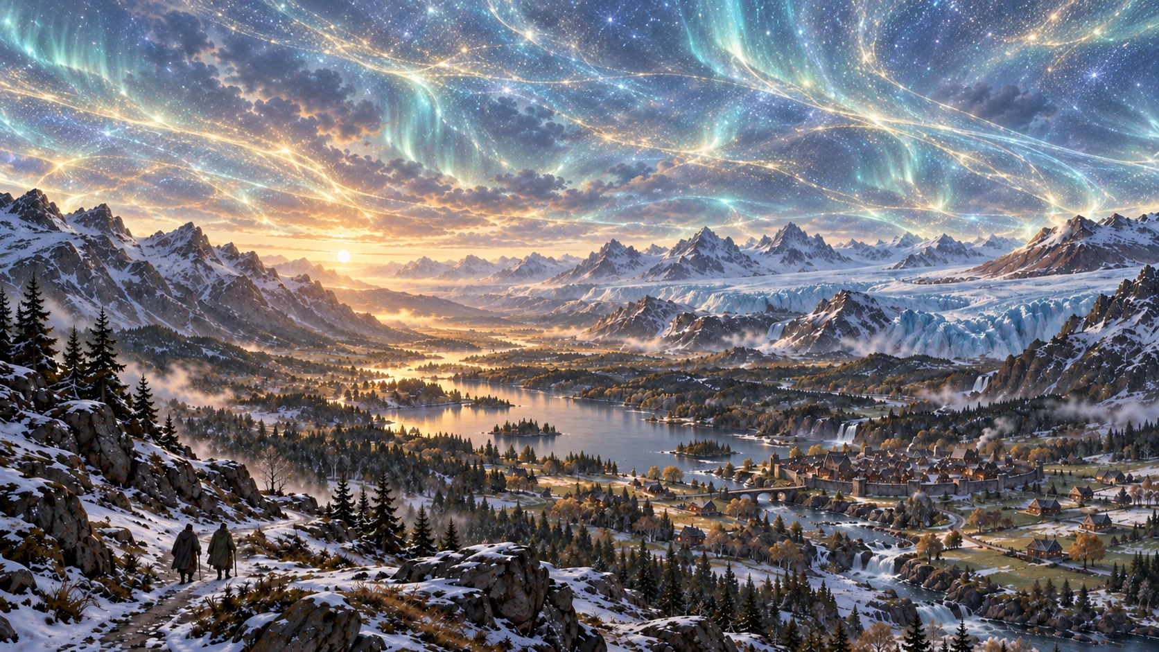 A blue-and-gold forcefield stretches across the whole sky above the forests, lake and towns of the Valley of Icesus.