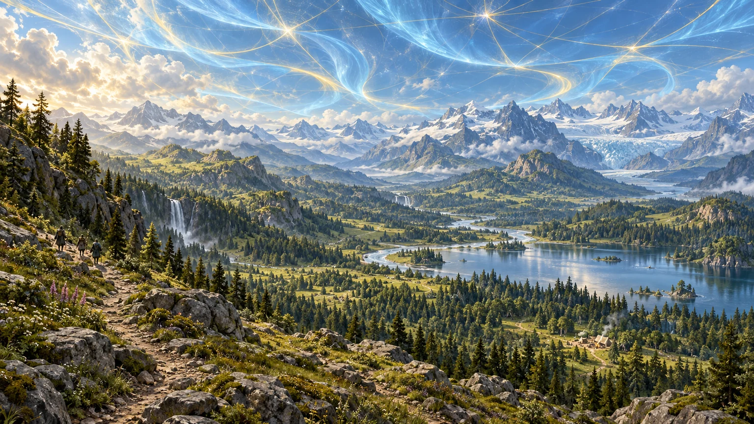 Forests, waterways and mountain passes stretch across the valley beneath the blue-and-gold forcefield.
